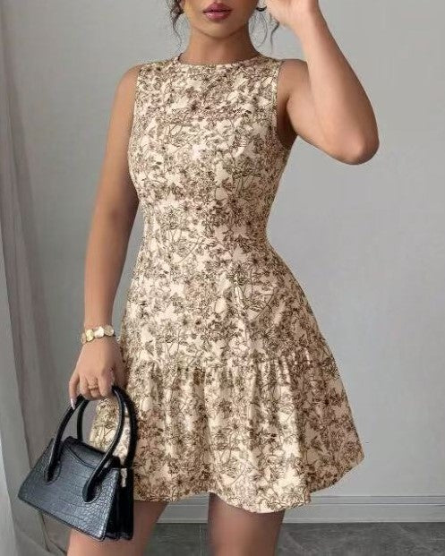 Sleeveless Floral Tiered Mini Dress - Coffee