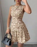 Sleeveless Floral Tiered Mini Dress - Coffee