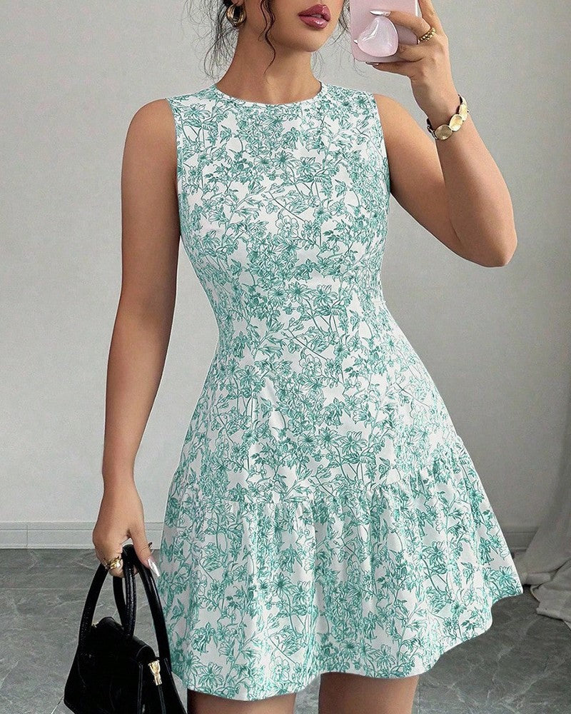 Sleeveless Floral Tiered Mini Dress - Green