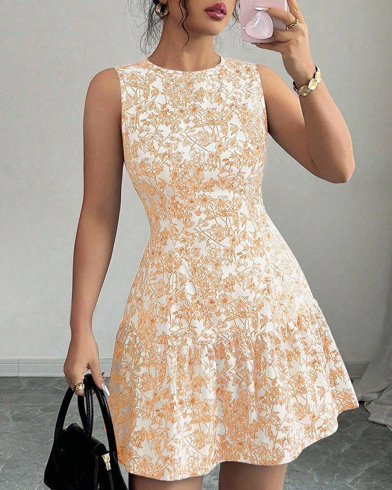 Sleeveless Floral Tiered Mini Dress - Orange