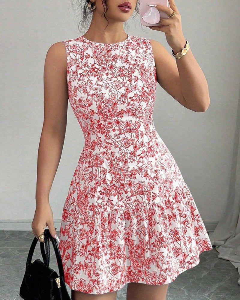 Sleeveless Floral Tiered Mini Dress - Red