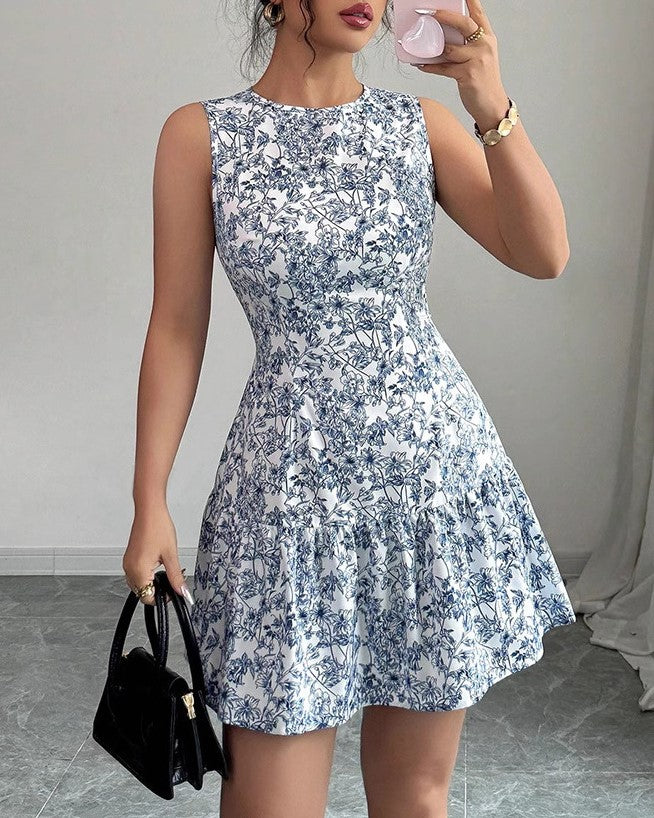 Sleeveless Floral Tiered Mini Dress - SkyBlue