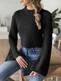 Cropped Mock Neck Bell Sleeve Sweater - Black