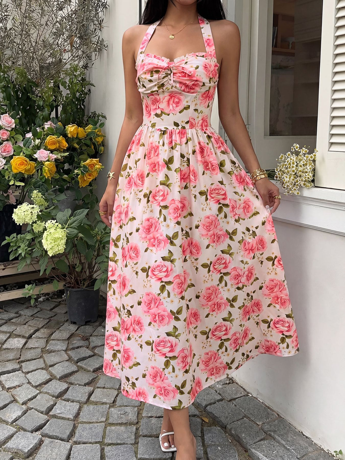 Rose Print Halter Neck Maxi Dress - Pink