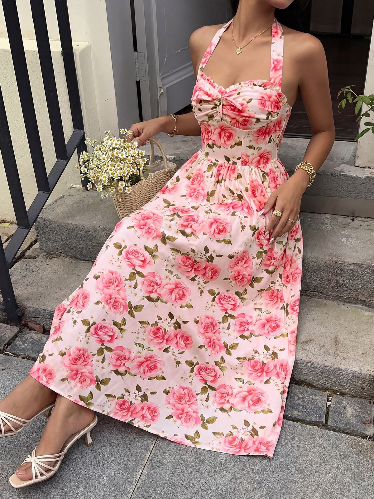 Rose Print Halter Neck Maxi Dress - Pink - 1