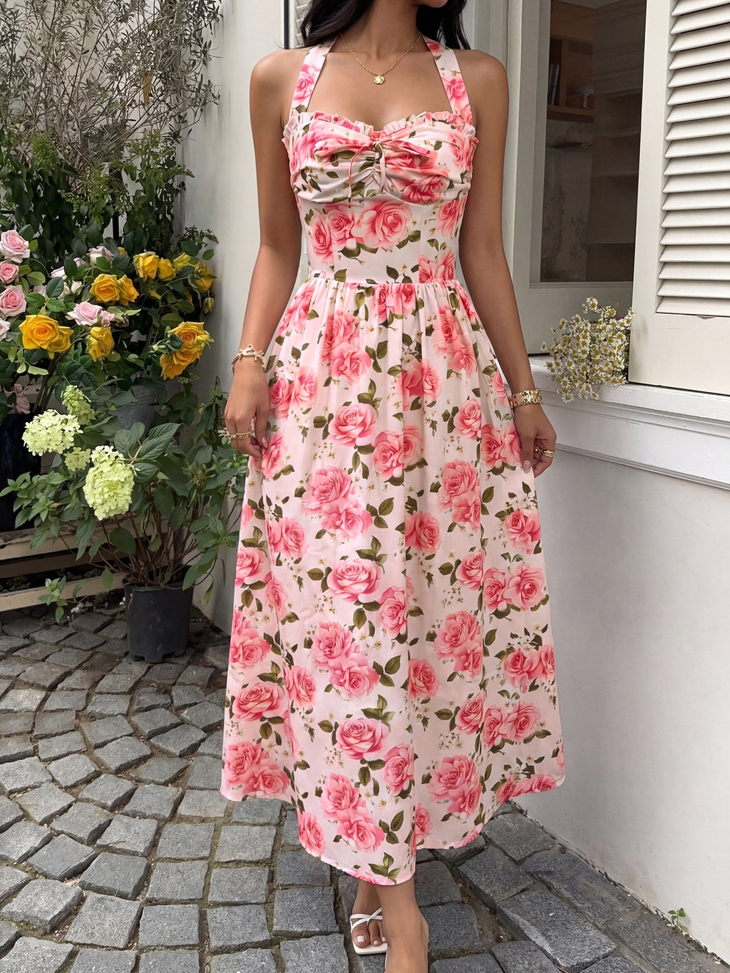 Rose Print Halter Neck Maxi Dress - Pink - 6