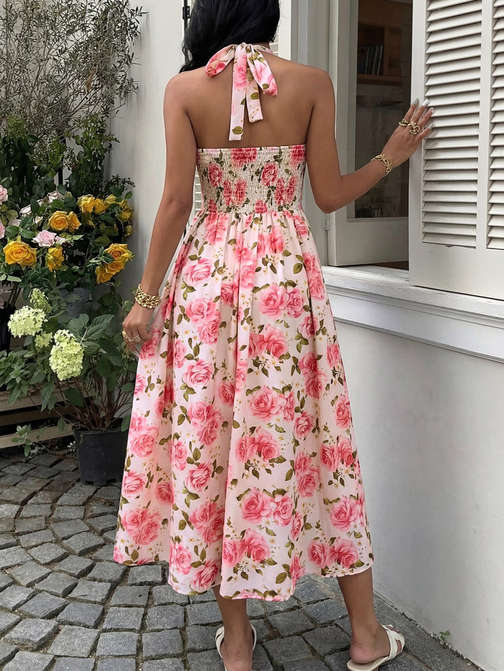 Rose Print Halter Neck Maxi Dress - Pink - 7