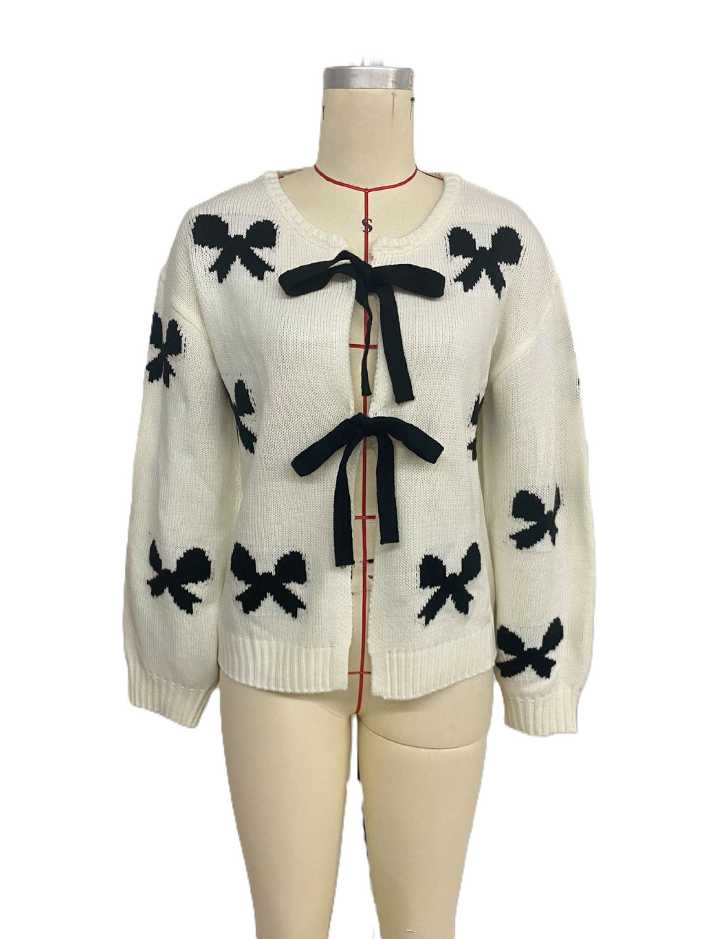 Bow Print Tie Front Knit Cardigan - White