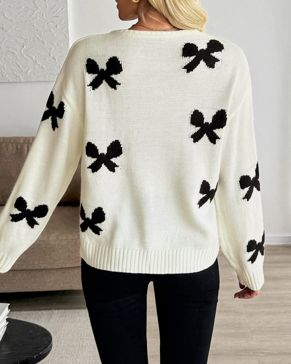 Bow Print Tie Front Knit Cardigan - White - 4