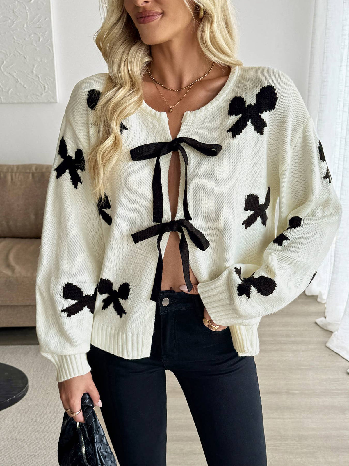 Bow Print Tie Front Knit Cardigan