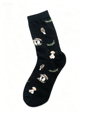 Mushroom Pattern Crew Socks for Women - Black