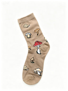 Mushroom Pattern Crew Socks for Women - Brown
