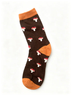 Mushroom Pattern Crew Socks for Women - Coffee - 1