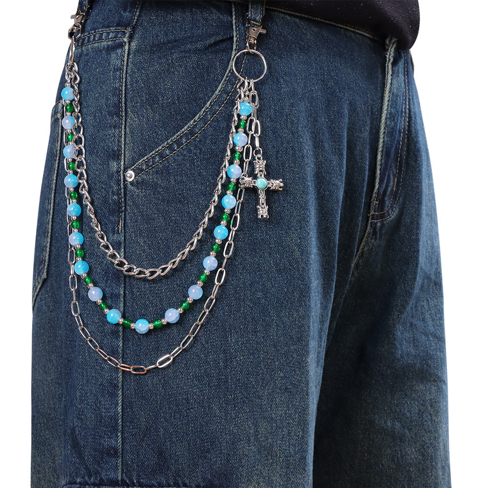 Blue Beaded Western Cross Charm Triple Jean Chain - Blue