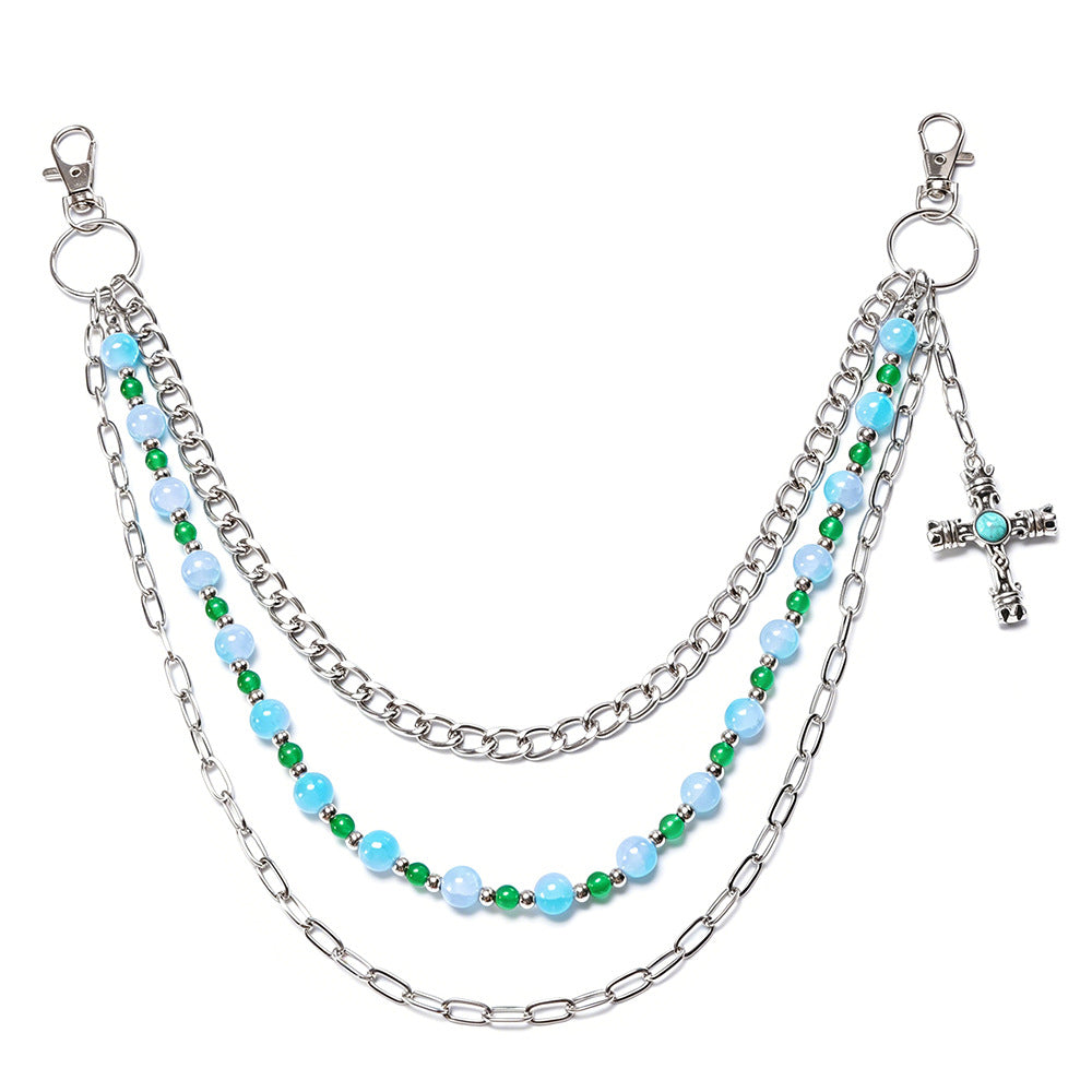 Blue Beaded Western Cross Charm Triple Jean Chain - Blue - 1