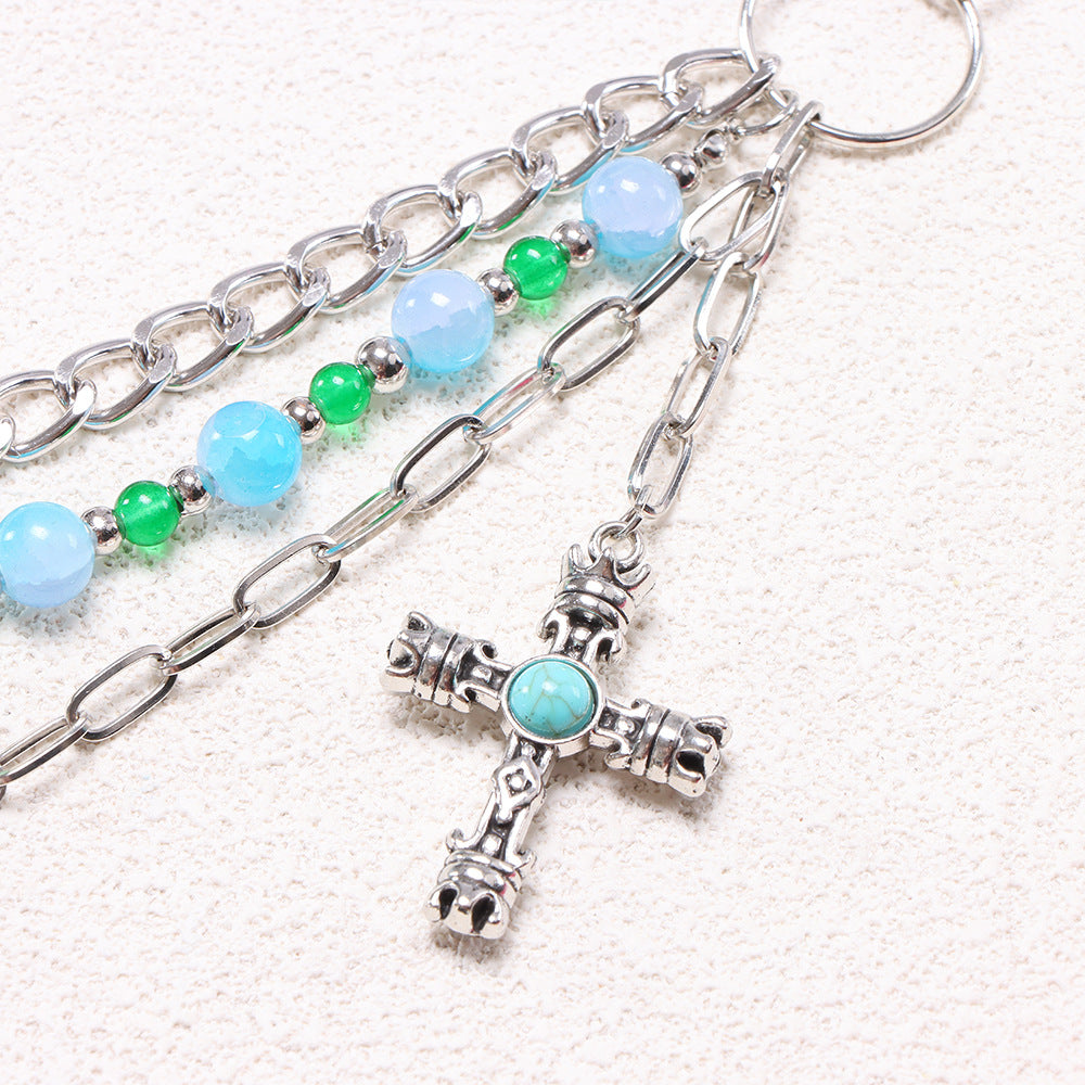 Blue Beaded Western Cross Charm Triple Jean Chain - Blue - 2
