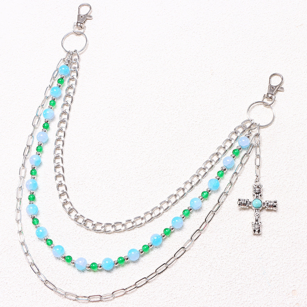 Blue Beaded Western Cross Charm Triple Jean Chain - Blue - 3