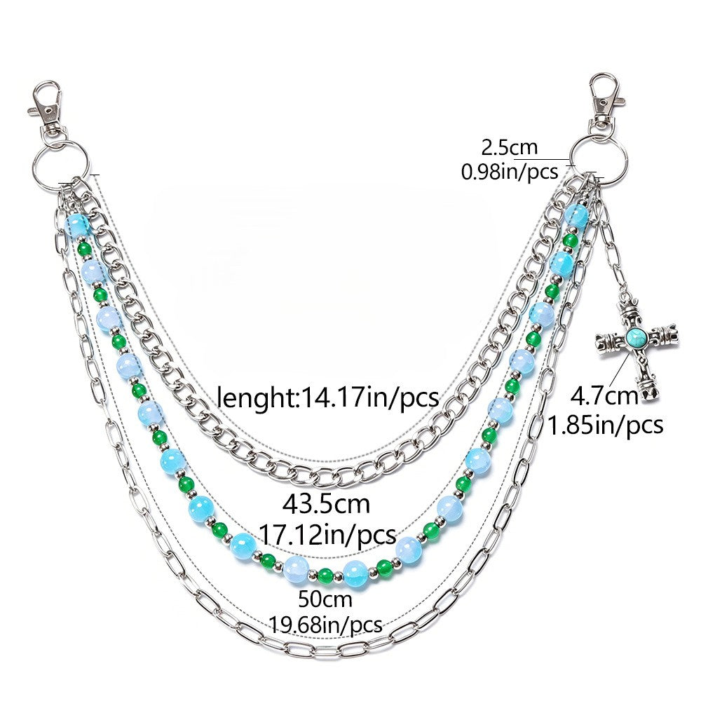 Blue Beaded Western Cross Charm Triple Jean Chain - Blue - 4