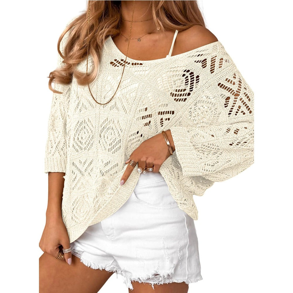 Crochet Pointelle Knit Beach Cover Up - Beige