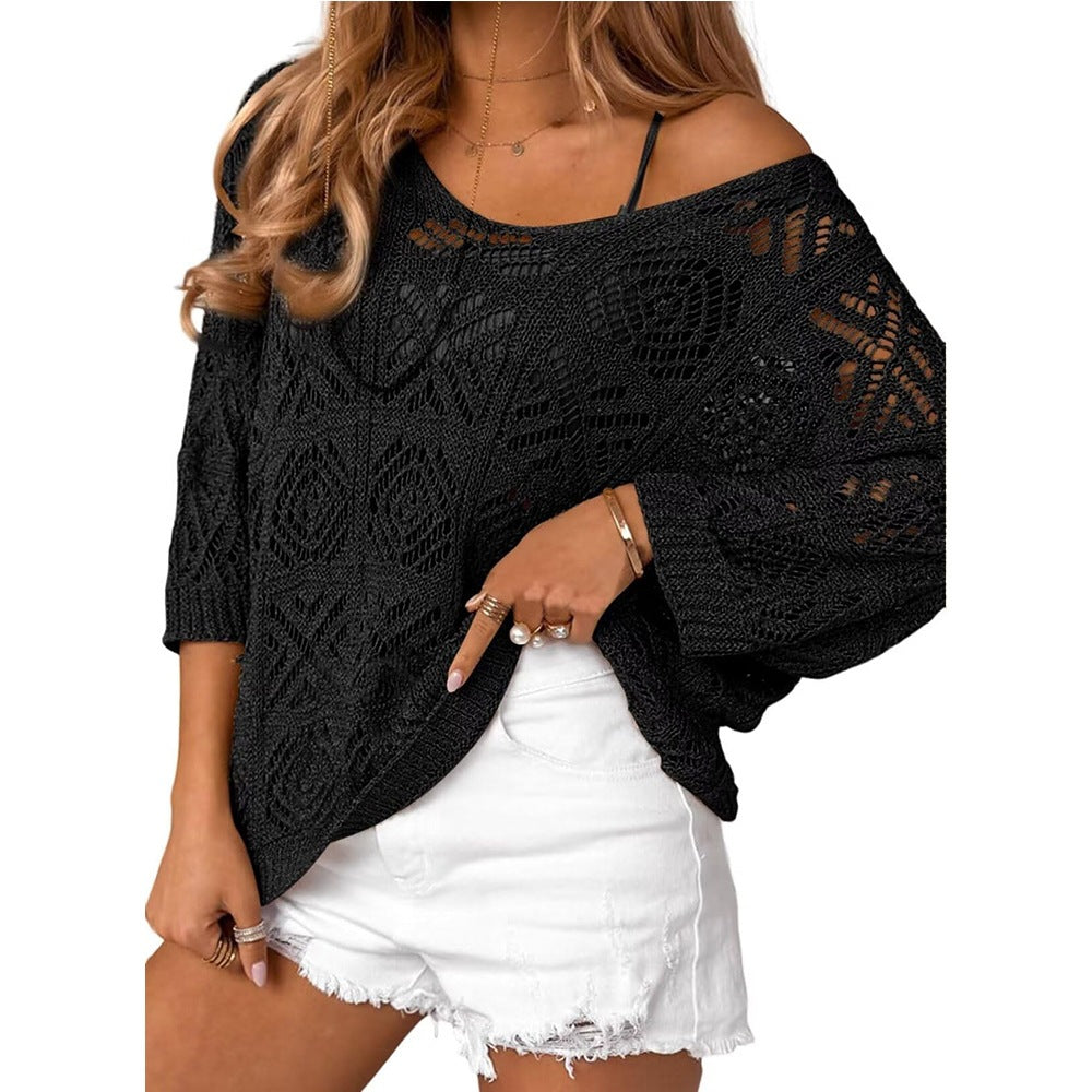 Crochet Pointelle Knit Beach Cover Up - Black - 1