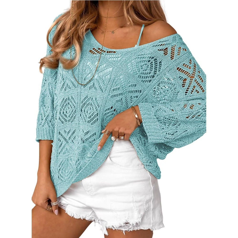 Crochet Pointelle Knit Beach Cover Up - Blue