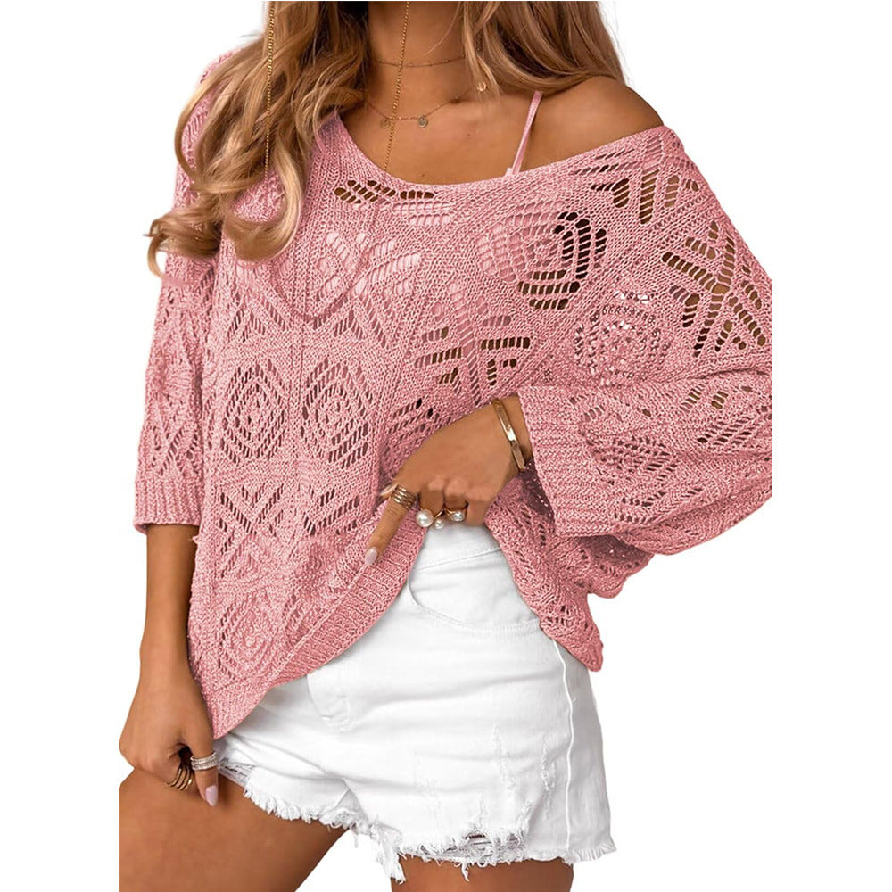 Crochet Pointelle Knit Beach Cover Up - Pink