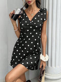 Tie Shoulder Dot Print Ruffle Mini Dress - Black