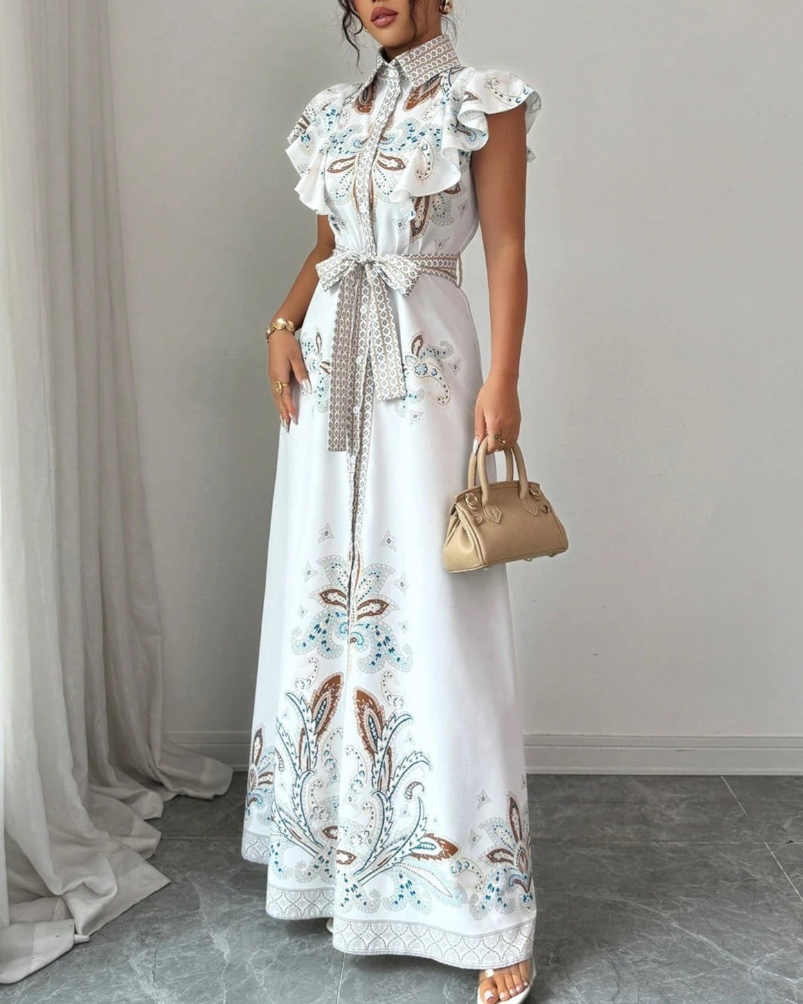 Belted Maxi Shirt Dress With Ruffle Trim - Decor
