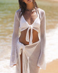 Open Knit Crop Top Split Skirt Cover Up - White