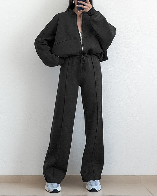 Zip Up Hoodie and Wide Leg Trouser Set - Black