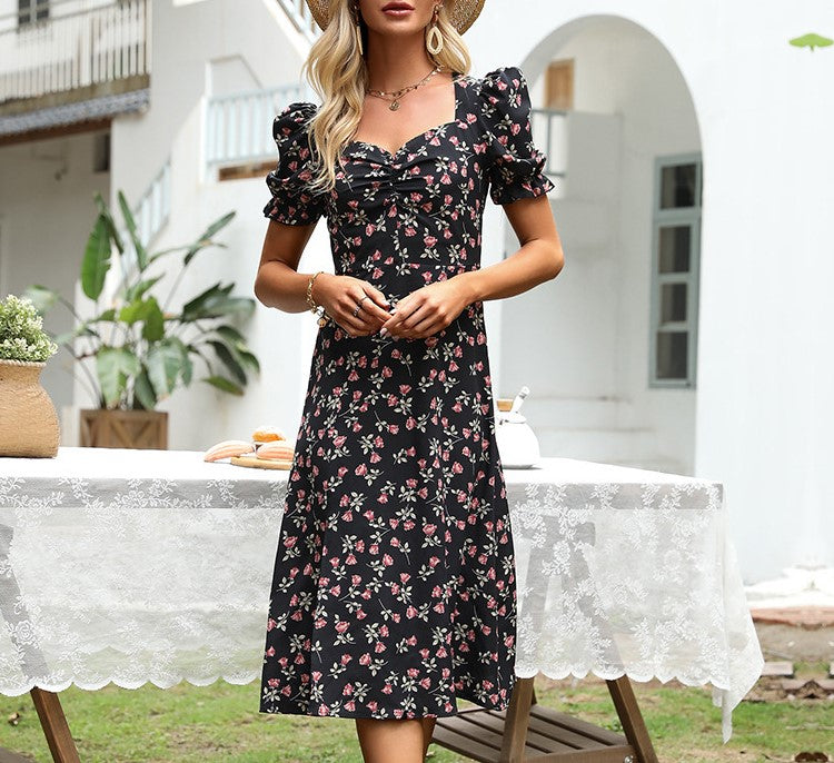 Ditsy Floral Puff Sleeve Split Midi Dress - Black