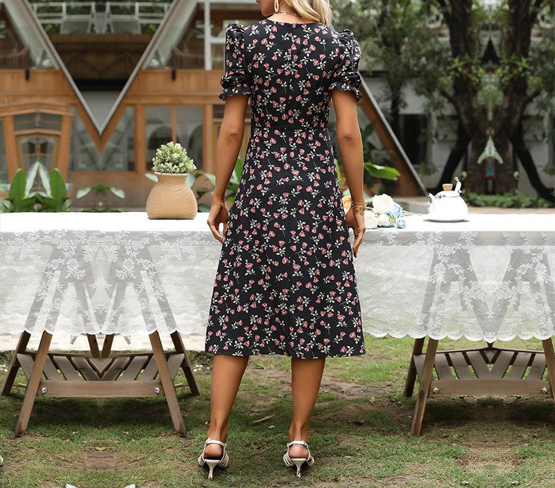 Ditsy Floral Puff Sleeve Split Midi Dress - Black - 1