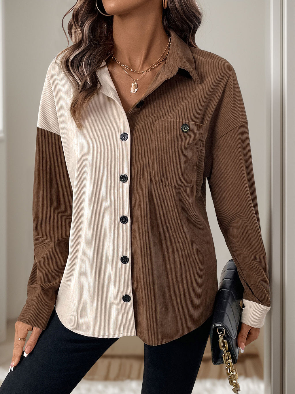 Colorblock Corduroy Button Down Shirt - Coffee