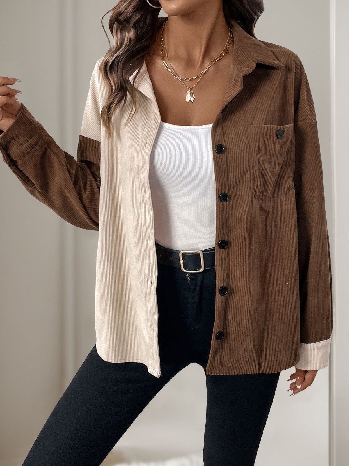 Colorblock Corduroy Button Down Shirt - Coffee - 1