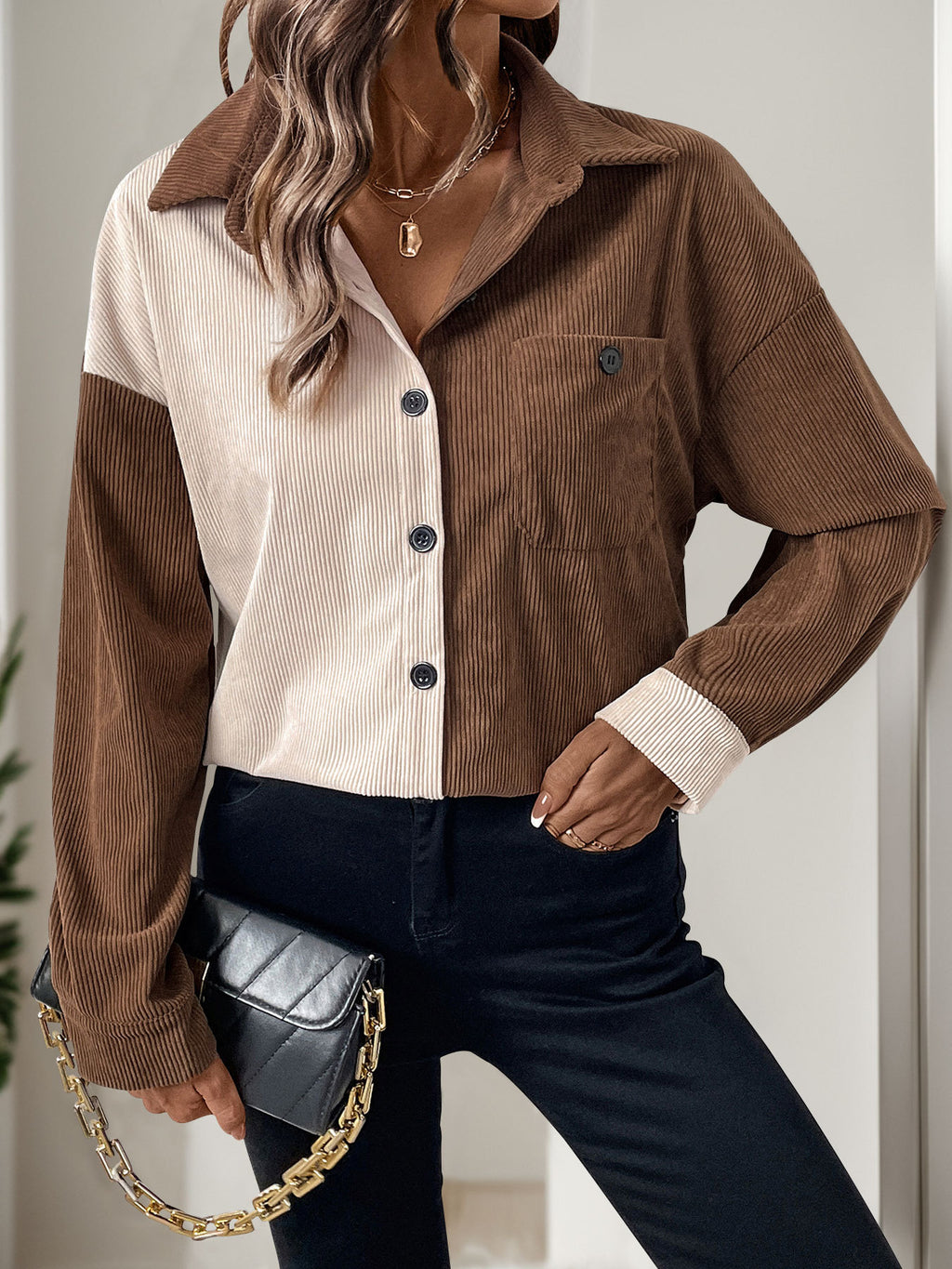 Colorblock Corduroy Button Down Shirt - Coffee - 2