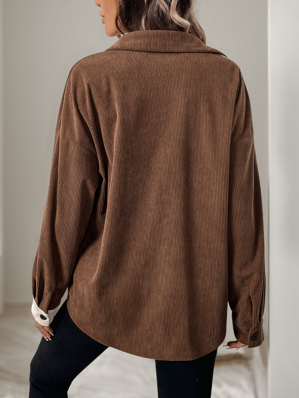 Colorblock Corduroy Button Down Shirt - Coffee - 4