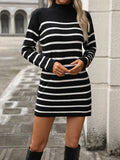 Striped Mock Neck Knit Mini Dress - Black