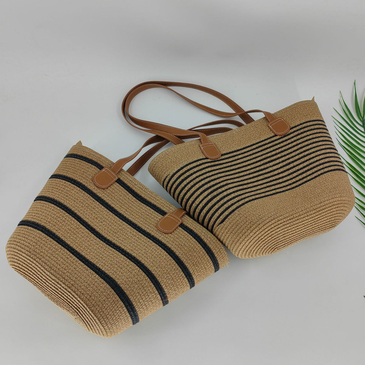 Striped Straw Tote With Faux Leather Straps - wide stripes