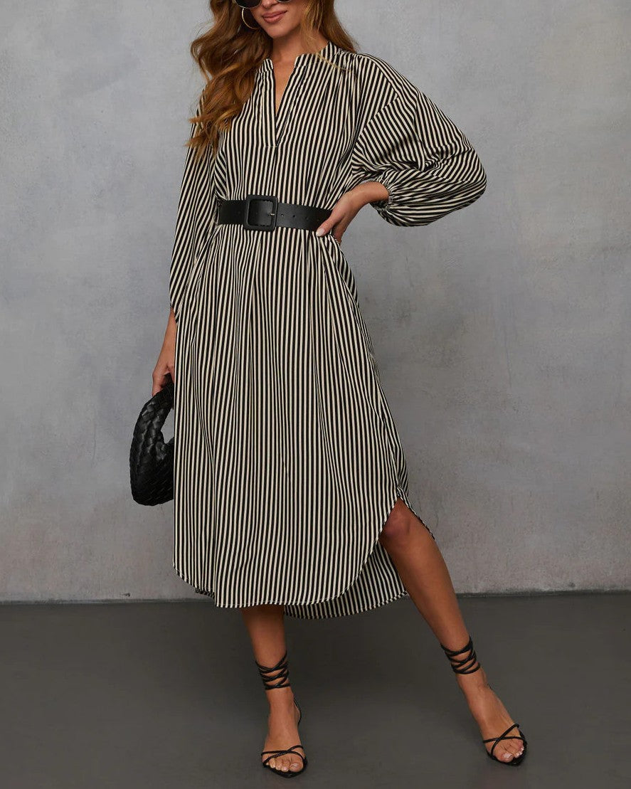 Striped Belted Long Sleeve Midi Shirt Dress - Black
