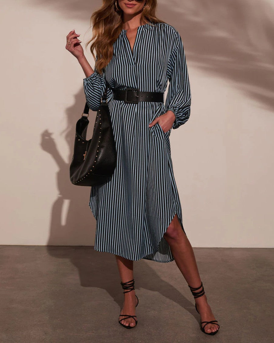 Striped Belted Long Sleeve Midi Shirt Dress - Blue