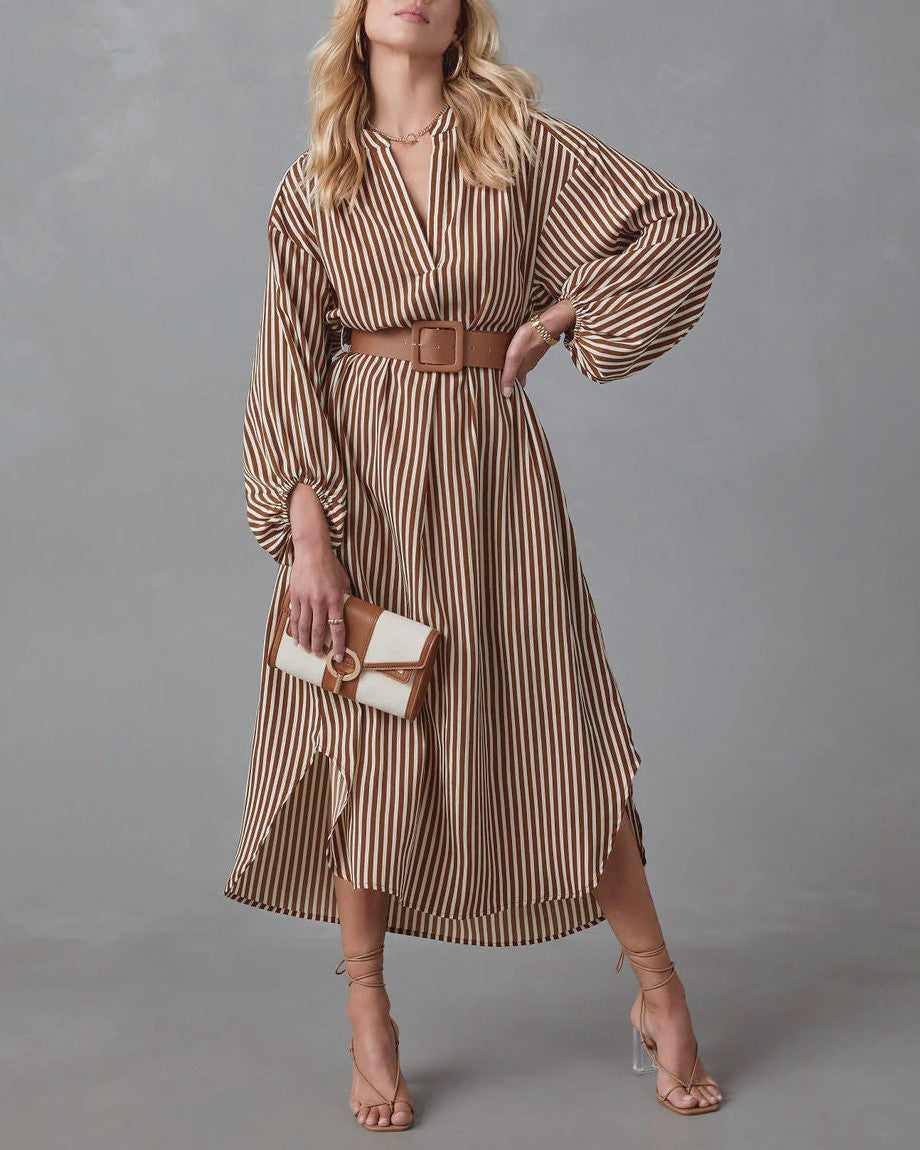 Striped Belted Long Sleeve Midi Shirt Dress - Khaki