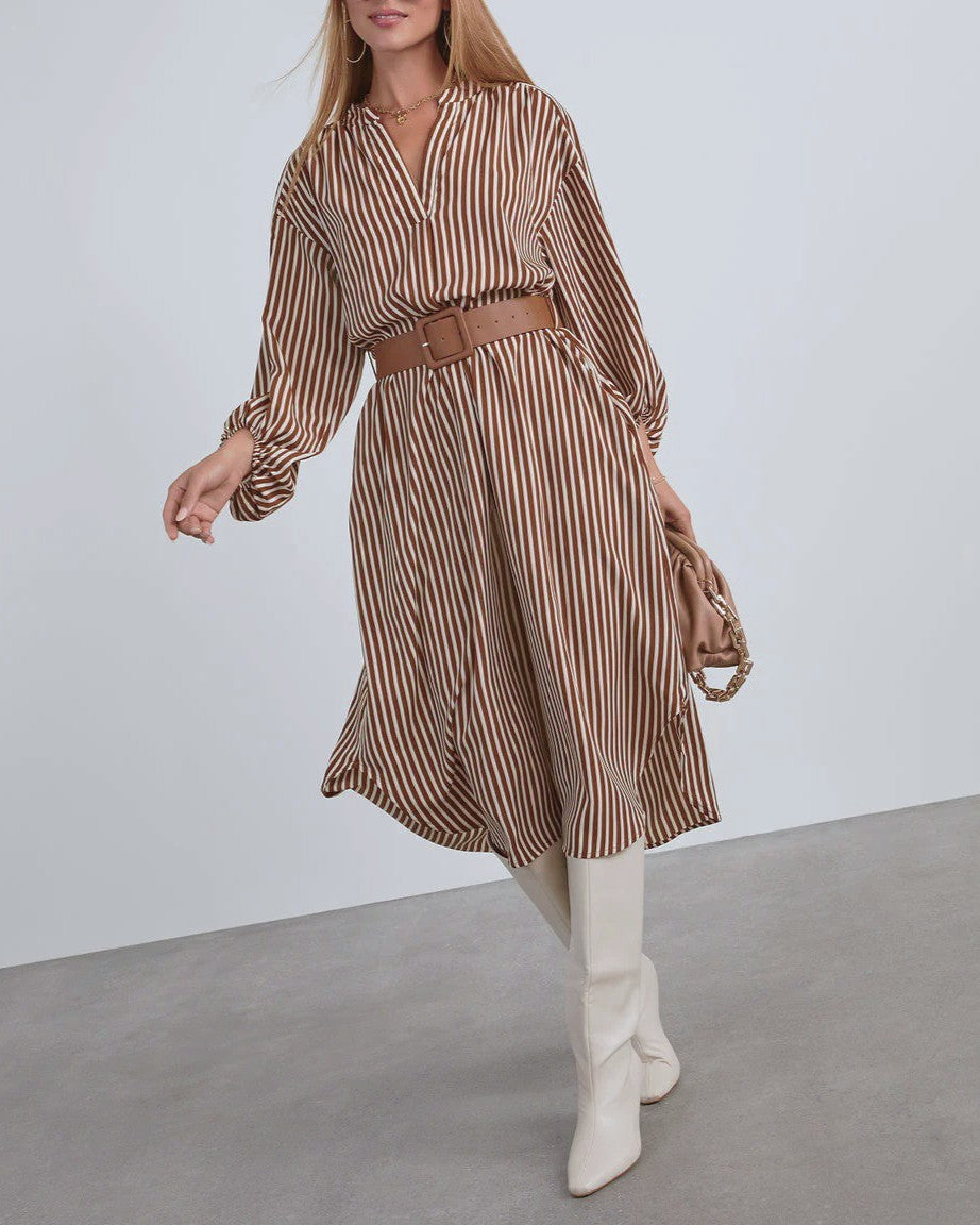 Striped Belted Long Sleeve Midi Shirt Dress - Khaki - 1