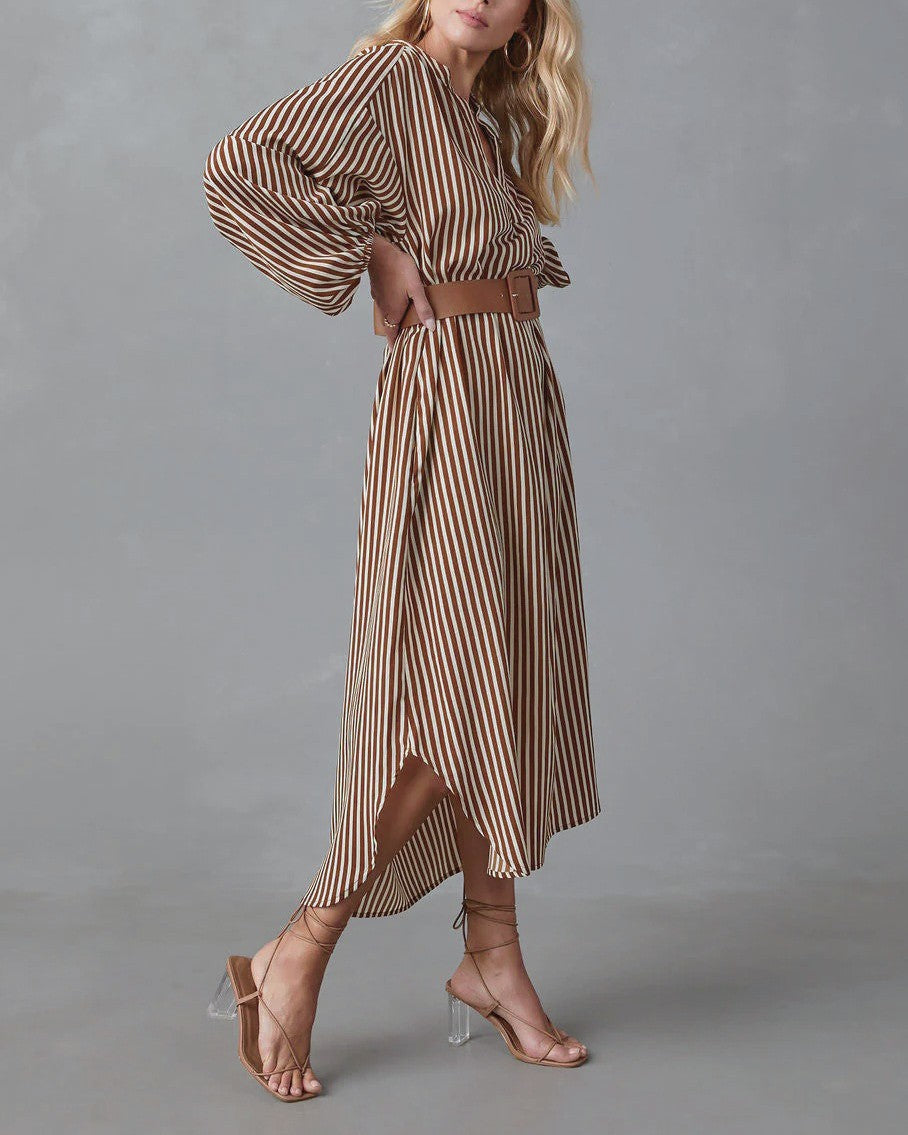 Striped Belted Long Sleeve Midi Shirt Dress - Khaki - 2