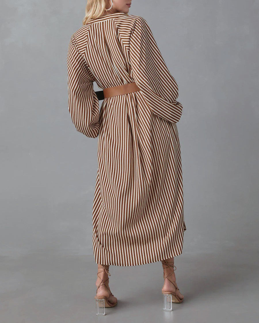 Striped Belted Long Sleeve Midi Shirt Dress - Khaki - 3