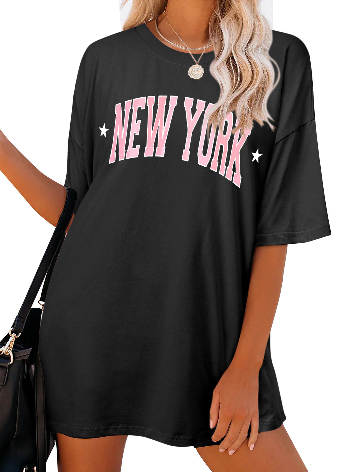 New York Varsity Print Oversized Tunic Tee - Black