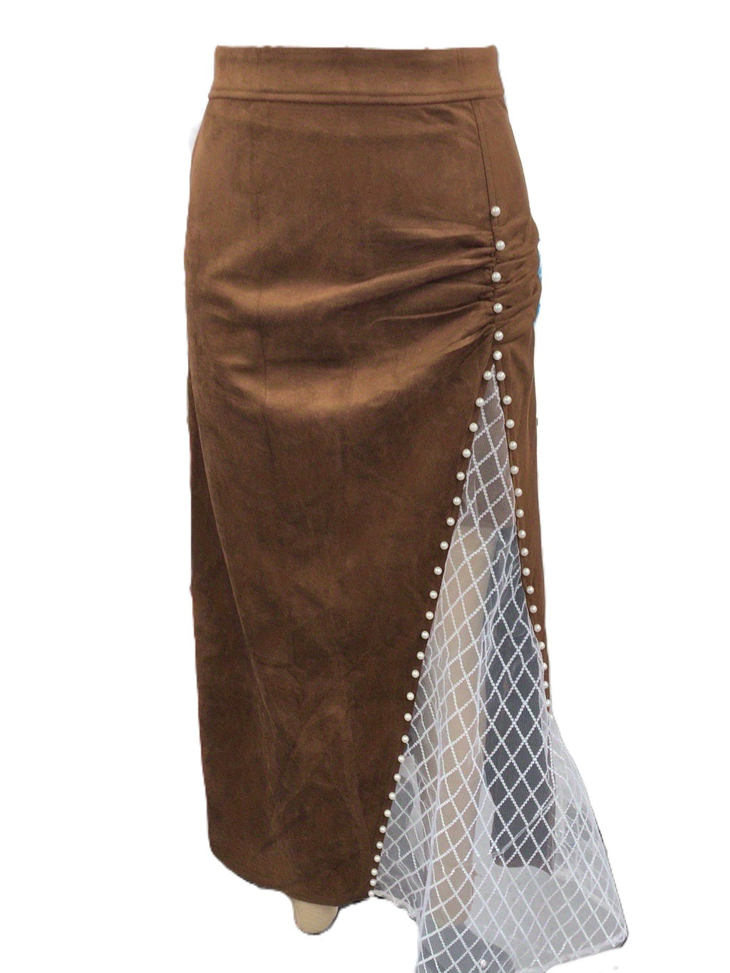 Faux Suede Western Maxi Skirt With Mesh Panel - Brown