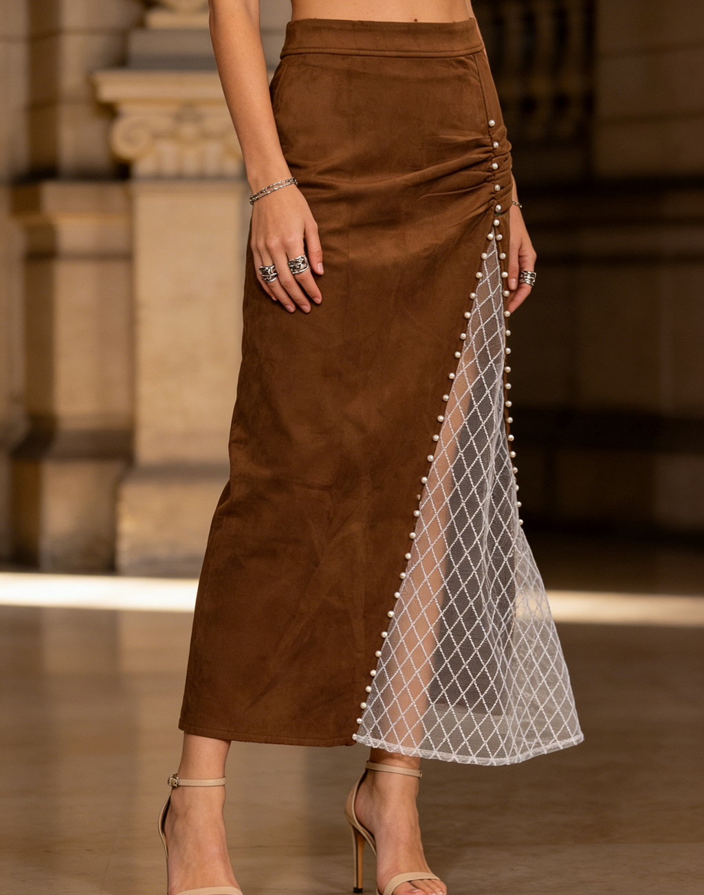 Faux Suede Western Maxi Skirt With Mesh Panel - view 1