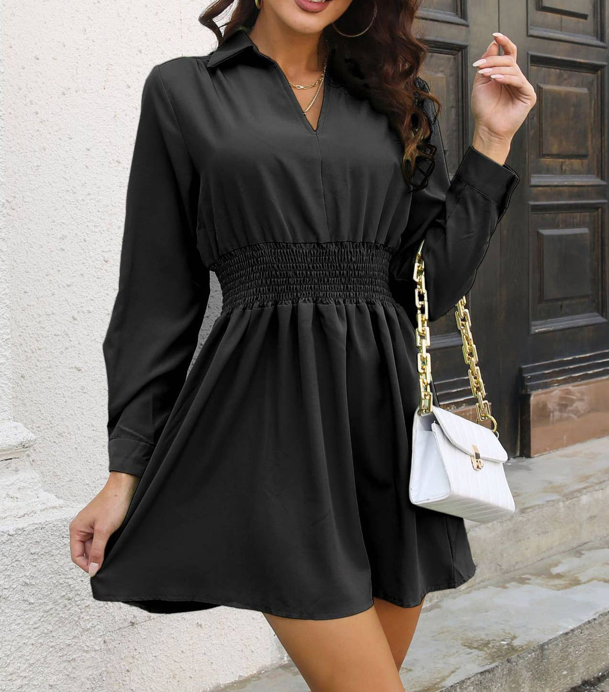 Smocked Waist Collared Long Sleeve Mini Dress