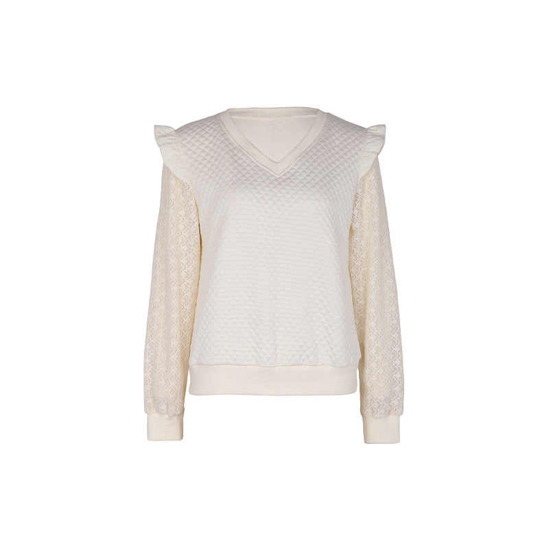 Ruffle Shoulder Dotted Lace Sleeve Blouse - Apricot