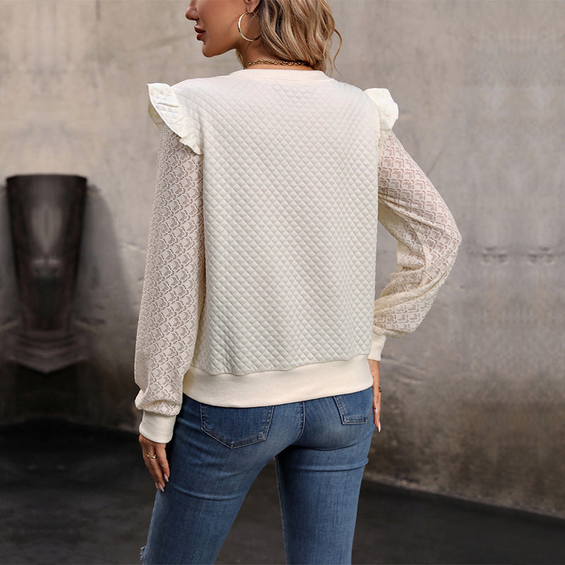 Ruffle Shoulder Dotted Lace Sleeve Blouse - Apricot - 2